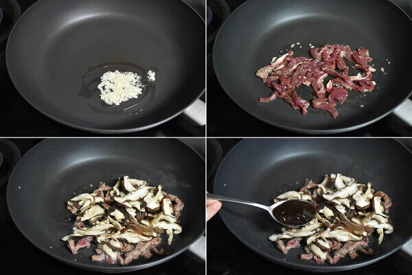 Phi thơm 2 muỗng dầu ăn với hành tỏi, cho thịt bò vào xào nhanh tay