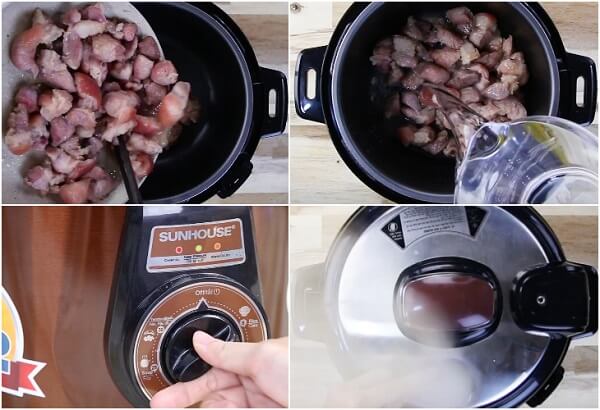Cho thịt vào nồi áp suất, đổ 1 lít nước vào cho ngập thịt